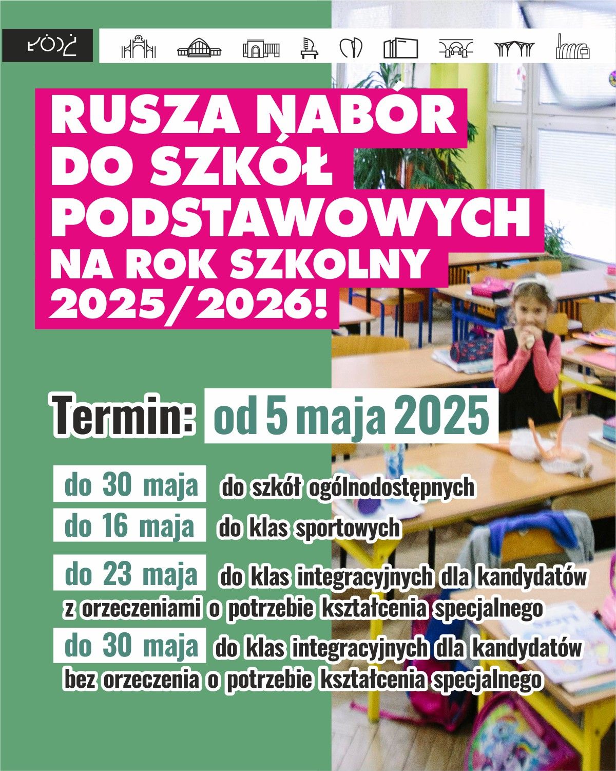 plakat informacyjny o terminach naboru do szkół podstawowych
