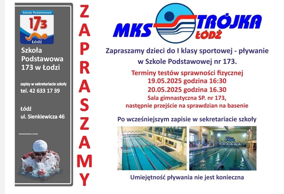 plakat informujący o terminie testów sprawnościowych do klasy pływackiej