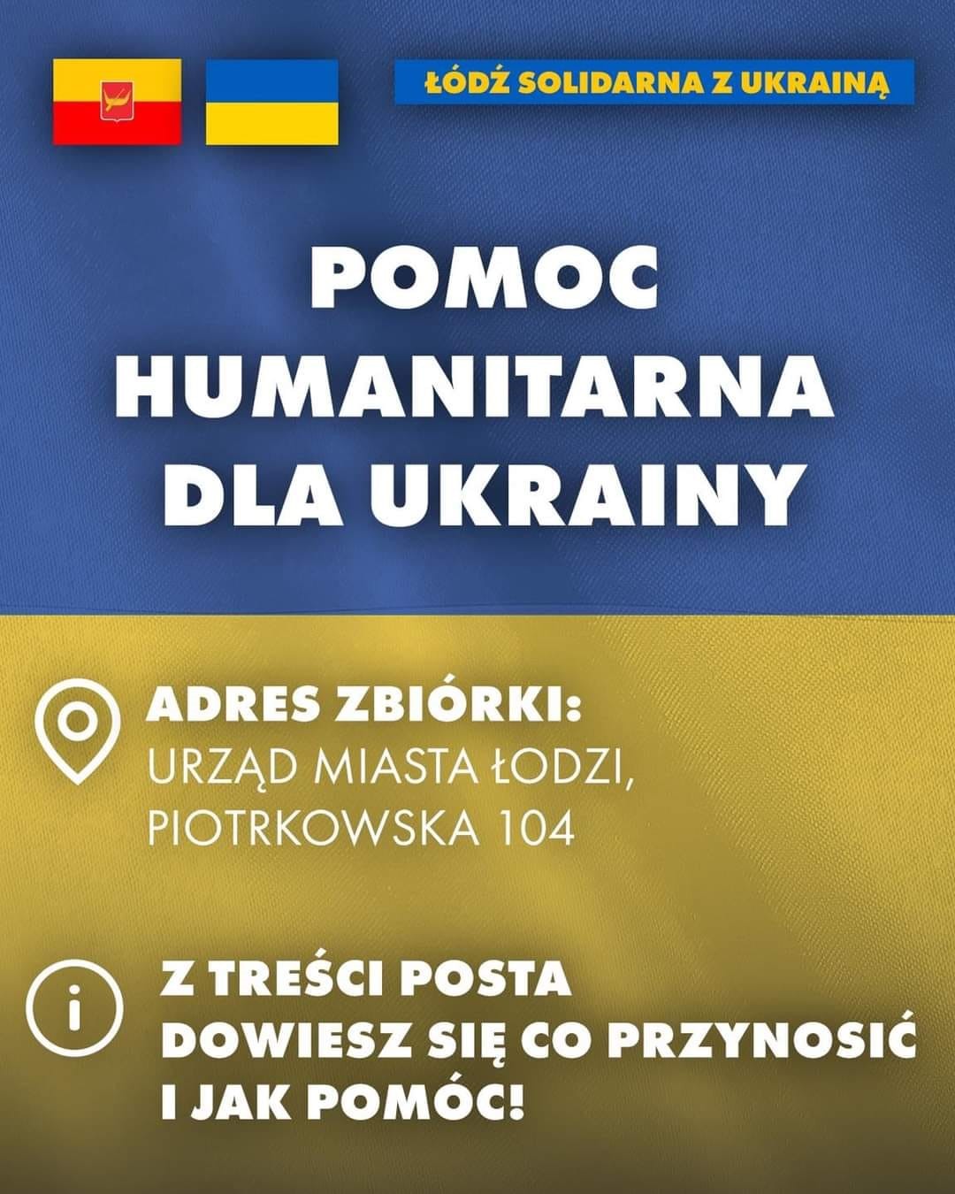 plakat informujący o pomocy humanitarnej dla Ukrainy