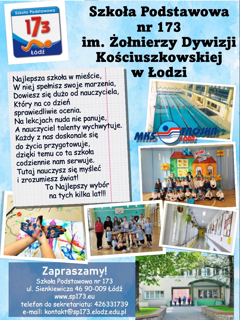 plakat zawiera informacje na temat szkoły i zdjęcia