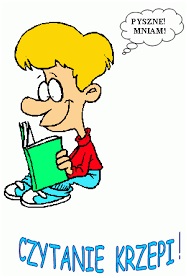 postać rysunkowa - chłopiec czytający książkę, na dole hasło "czytanie krzepi"