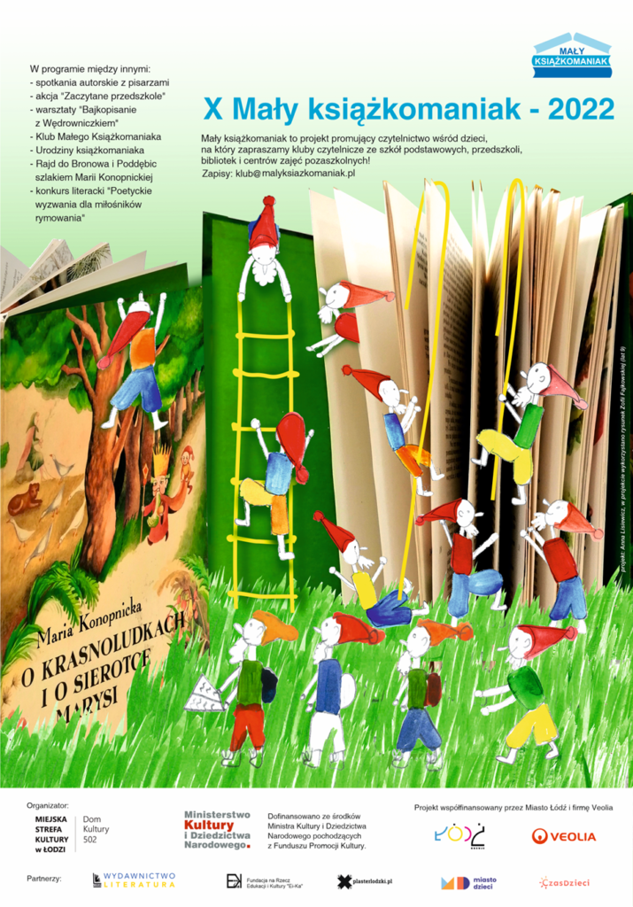 plakat informacyjny o mikołajkach książkomaniaka, na plakacie mikołaje wspinają się po drabinie