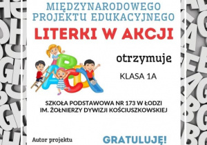 Dyplom za udział w projekcie dla klasy 1a