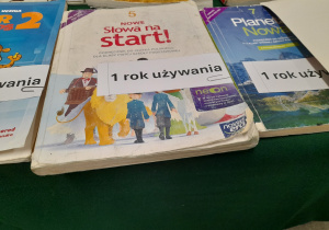 Na stole leżą podręczniki polskiego, geografii. Podręczniki są znacznie zniszczone.
