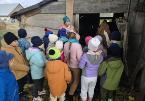 Grupa dzieci stoi przed wejściem do stajni. W głębi kadru widać łeb konia.