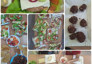 Kolaż pięciu zdjęć. Na czterech widać kanapki. Na zdjęciu po prawej stronie widać muffinki.