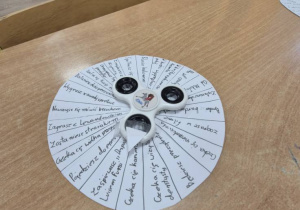 Na stole leży koło z papieru z wróżbami. Na kole leży spiner do kręcenia.