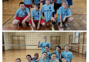 Kolaż dwóch zdjęć. Na górnym zdjęciu drużyna chłopców, a na dolnym zdjęciu drużyna dziewcząt. Zdjęcie grupowe na sali gimnastycznej na tle siatki.