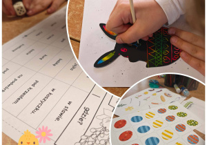 Kolaż trzech zdjęć. Po lewej widać leżącą na stole kartę pracy. Na górze po prawej widać rękę dziecka wydrapującą zająca, na dole po prawej widać kartkę z kolorowymi rysunkami jajek.