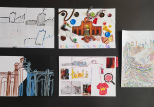 Pięć prac konkursowych przedstawiających znane budynki łódzkie.