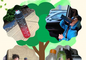 Plakat z czterema zdjęciami, na których widać dzieci korzystające z bidonów.