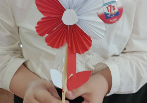 Dziewczynka ubrana w białą bluzkę trzyma w ręku biało-czerwony kwiat wykonany z papieru.