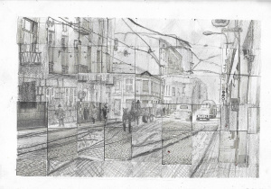 na rysunku przedstawiona jest jedna z ulic Łodzi