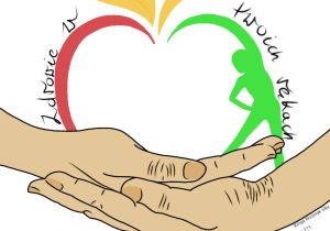 Zdjęcie przedstawia logo – dłonie na których leży połączenie łabłka i aktywności fizycznej pod hasłem „Twoje zdrowie w twoich rękach”