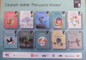 plakat promujący projekt "Czytam sobie", na plakacie znajdują się okładki dziesięciu książek dla dzieci