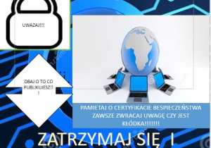 plakat konkursowy o ochronie danych osobowych, na plakacie znajdują się hasła i porady dotyczące bezpiecznego korzystania z Internetu