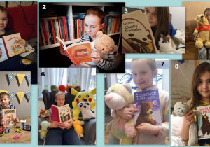 kolaż ośmiu zdjęć, na każdym zdjęciu znajduje się uczeń naszej szkoły z zabawką oraz książką, której bohaterem jest miś