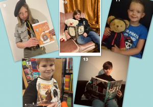 kolaż pięciu zdjęć, na każdym zdjęciu znajduje się uczeń naszej szkoły z zabawką oraz książką, której bohaterem jest miś