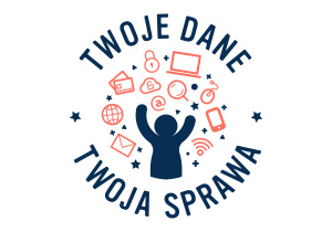 Logo programu z napisem Twoje dane – Twoja sprawa. Logo przedstawia symbol dziecka wokół urządzeń technologii informatycznej. Jest w kolorach niebieskich.