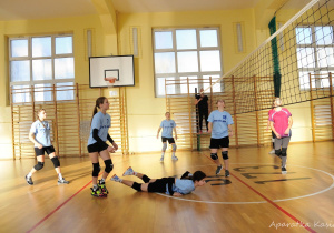 na sali gimnastycznej drużyna rozstawiona na boisku do piłki siatkowej, jedna z dziewcząt leży na podłodze po odbiciu piłki