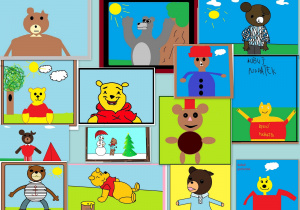 Na zdjęciu znajduje się czternaście różnych portretów misiów utworzonych przez dzieci w programie Paint.