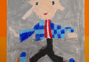 Praca plastyczna - biegnący chłopiec w niebieskim ubraniu i czarnych spodniach