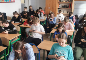 Na zdjęciu uczniowie siedzą w ławkach, trzymają w rękach telefony i rozwiązują quiz o kotach.
