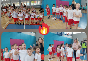 Kolaż czterech zdjęć. Na każdym zdjęciu widać uczniów ubranych w biało-czerwone stroje sportowe. Stoją z nauczycielem i słuchają wskazówek.