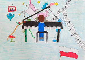 Praca naszej uczennicy. Widać fortepian, osobę grającą oraz nuty, jednorożca, ptaki, gwiazdy, obraz. W dole zdjęcia znajduje się flaga Polski.