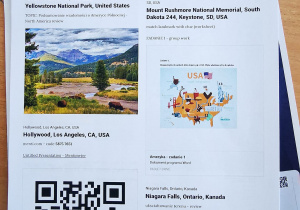 Na zdjęciu karta pracy z lekcji. Widać zdjęcia Niagary, parku Yellowstone oraz kod QR i tekst ćwiczeń.