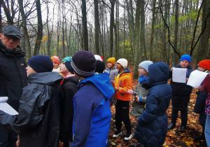 W lesie grupa uczniów przysłuchuje się osobie prowadzącej zajęcia. Dzieci w rękach trzymają karty pracy.