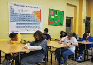 W sali szkolnej w ławkach siedzą uczestnicy konkursu i rozwiązują zadania konkursowe.