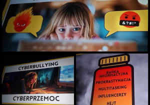 Kadr z prelekcji o mediach społecznościowych. Widać twarz dziewczynki oraz napis "hejt=nienawiść".