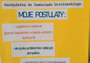 Na zdjęciu fragment plakatu wyborczego, na którym kandydat opisał swoje plany działań w samorządzie uczniowskim. Na żółtym tle widać paski z wydrukowanymi postulatami.