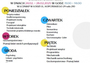 Plakat informujący o warsztatach z doradztwa zawodowego w ŁCDNiKP