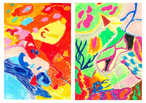 praca plastyczna wykonana przez dzieci - zabawa kolorami - kolaż