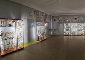 Na korytarzu szkoły przy ścianach stoją gabloty z pucharami. Na ścianie wiszą certyfikaty otrzymane przez szkołę.