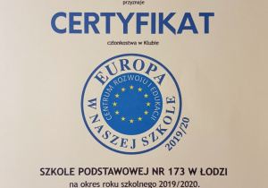 certyfikat Europa w naszej szkole