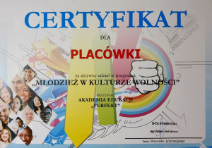certyfikat za udział w programie "Młodzież w kulturze wolności"