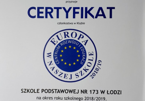 certyfikat Europa w naszej szkole 2018/2019