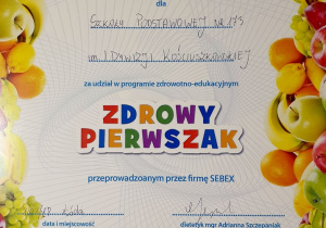 certyfikat za udział w programie "Zdrowy pierwszak"