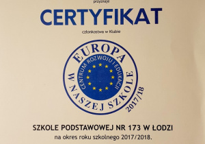 certyfikat Europa w naszej szkole 2017/2018