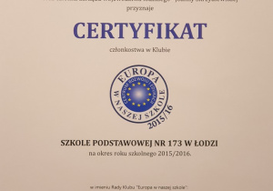 certyfikat Europa w naszej szkole 2015/2016