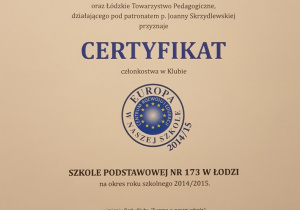 certyfikat Europa w naszej szkole 2014/2015