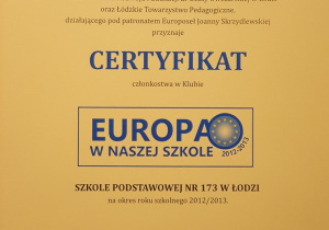 certyfikat Europa w naszej szkole 2012/2013