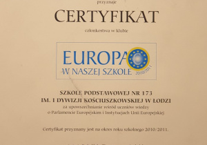 certyfikat Europa w naszej szkole 2010/2011